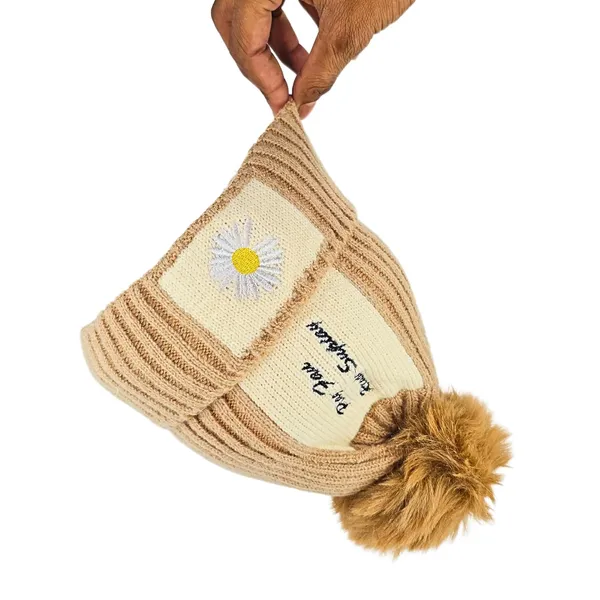 Brown_Pom_Pom_Beanie_With_Daisy_Patch_Warm_Knit_Fleece_Lined_Hat_For_Women_And_Girls