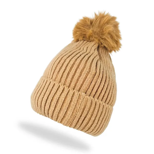 Brown_Pom_Pom_Beanie_With_Daisy_Patch_Warm_Knit_Fleece_Lined_Hat_For_Women_And_Girls