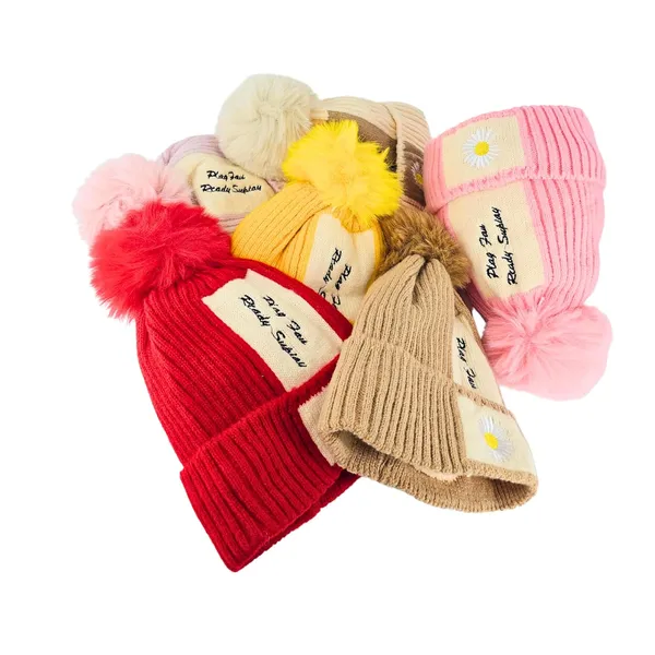 Brown_Pom_Pom_Beanie_With_Daisy_Patch_Warm_Knit_Fleece_Lined_Hat_For_Women_And_Girls