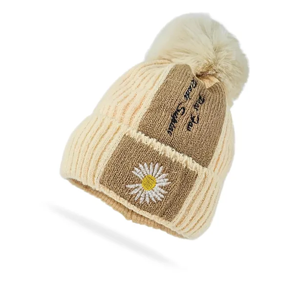Cream_Pom_Pom_Beanie_With_Daisy_Patch_Warm_Knit_Fleece_Lined_Hat_For_Women_And_Girls
