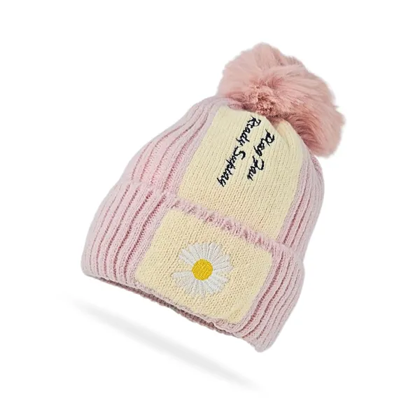 Pink_Pom_Pom_Beanie_With_Daisy_Patch_Warm_Knit_Fleece_Lined_Hat_For_Women_And_Girls