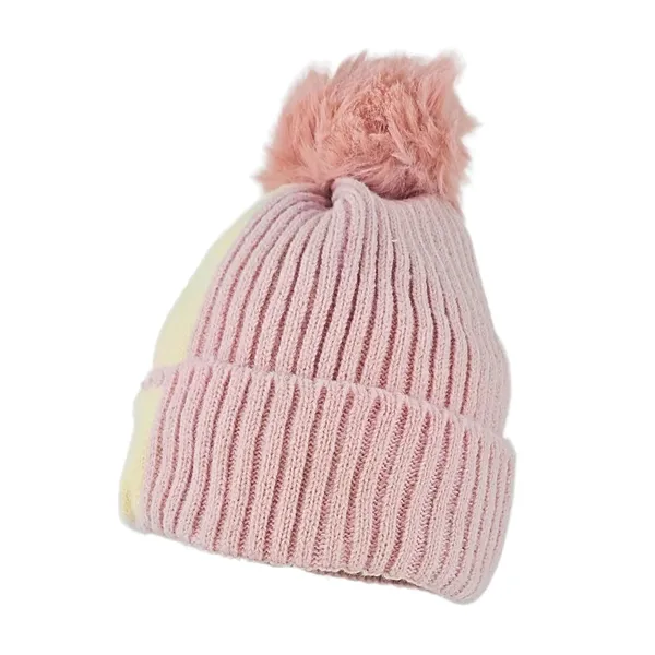 Pink_Pom_Pom_Beanie_With_Daisy_Patch_Warm_Knit_Fleece_Lined_Hat_For_Women_And_Girls