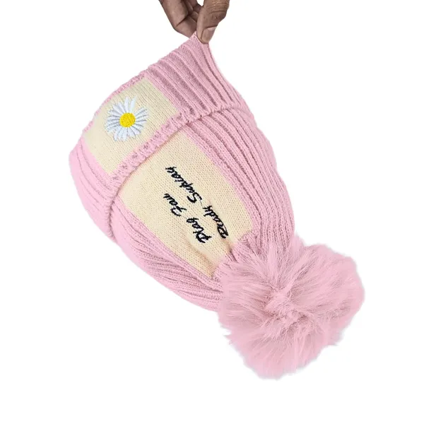 Pink_Pom_Pom_Beanie_With_Daisy_Patch_Warm_Knit_Fleece_Lined_Hat_For_Women_And_Girls