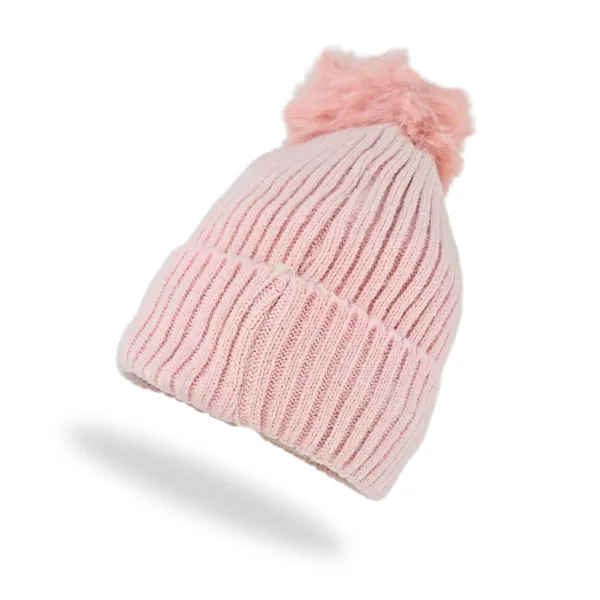 Pink_Pom_Pom_Beanie_With_Daisy_Patch_Warm_Knit_Fleece_Lined_Hat_For_Women_And_Girls