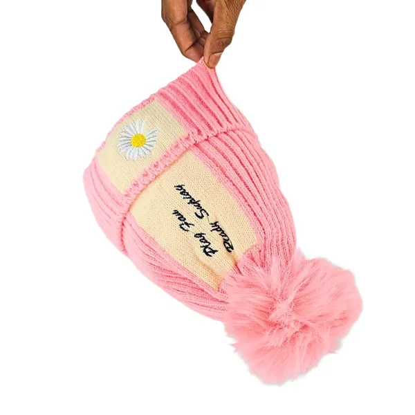 Pink_Pom_Pom_Beanie_With_Daisy_Patch_Warm_Knit_Fleece_Lined_Hat_For_Women_And_Girls