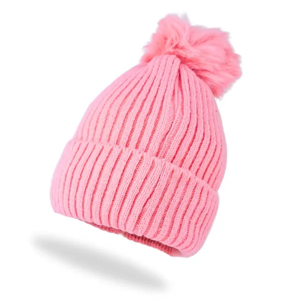 Pink_Pom_Pom_Beanie_With_Daisy_Patch_Warm_Knit_Fleece_Lined_Hat_For_Women_And_Girls