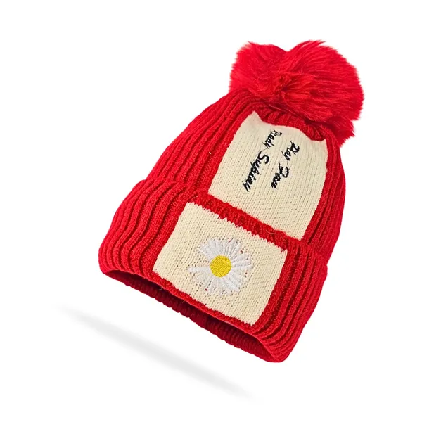 Red_Pom_Pom_Beanie_With_Daisy_Patch_Warm_Knit_Fleece_Lined_Hat_For_Women_And_Girls