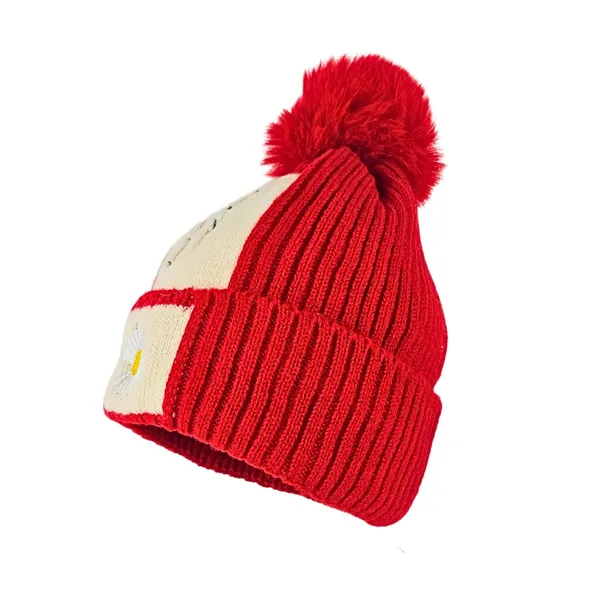 Red_Pom_Pom_Beanie_With_Daisy_Patch_Warm_Knit_Fleece_Lined_Hat_For_Women_And_Girls