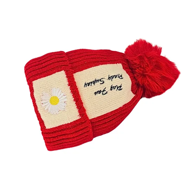 Red_Pom_Pom_Beanie_With_Daisy_Patch_Warm_Knit_Fleece_Lined_Hat_For_Women_And_Girls