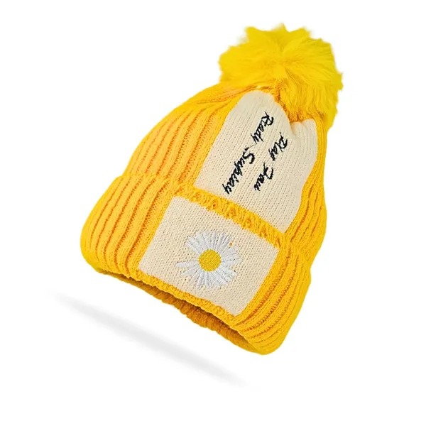 Yellow_Pom_Pom_Beanie_With_Daisy_Patch_Warm_Knit_Fleece_Lined_Hat_For_Women_And_Girls