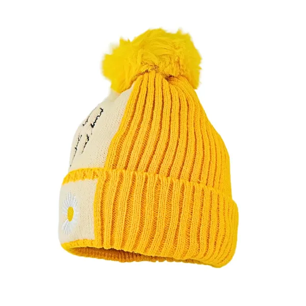 Yellow_Pom_Pom_Beanie_With_Daisy_Patch_Warm_Knit_Fleece_Lined_Hat_For_Women_And_Girls