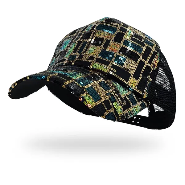 Black_Trendy_Glitter_Decorative_Mesh_Adjustable_Baseball_Cap_For_Girls