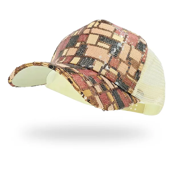 Cream_Trendy_Glitter_Decorative_Mesh_Adjustable_Baseball_Cap_For_Girls
