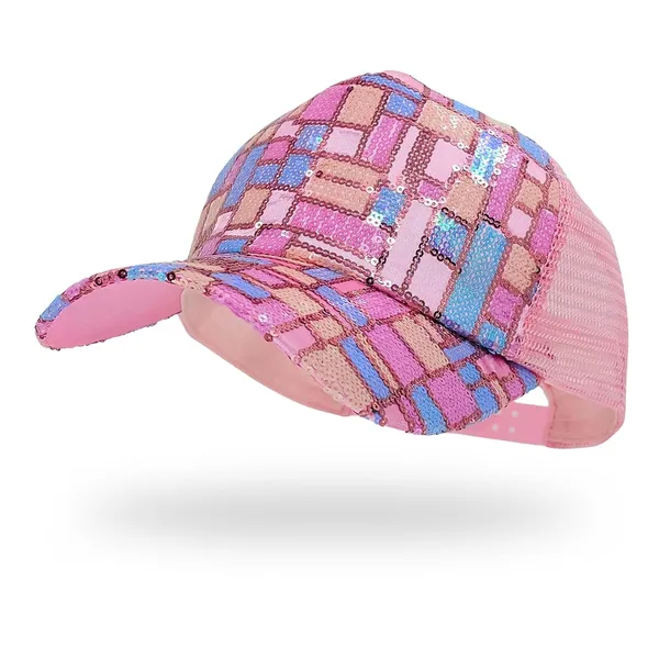 Pink_Trendy_Glitter_Decorative_Mesh_Adjustable_Baseball_Cap_For_Girls