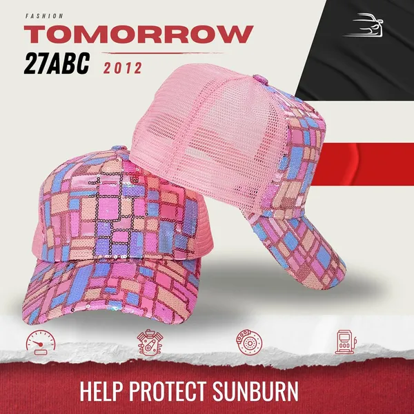 Pink_Trendy_Glitter_Decorative_Mesh_Adjustable_Baseball_Cap_For_Girls