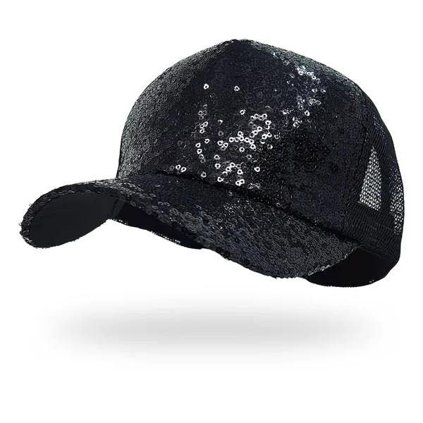 Black_Trendy_Glitter_Decorative_Mesh_Adjustable_Baseball_Cap_For_Girls