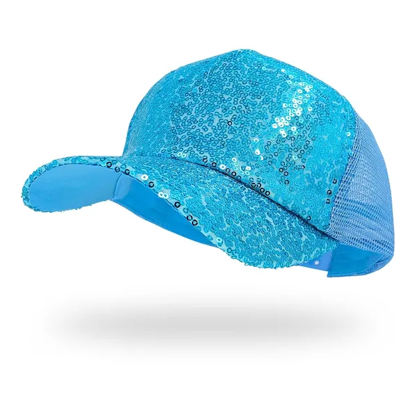 Blue_Trendy_Glitter_Decorative_Mesh_Adjustable_Baseball_Cap_For_Girls