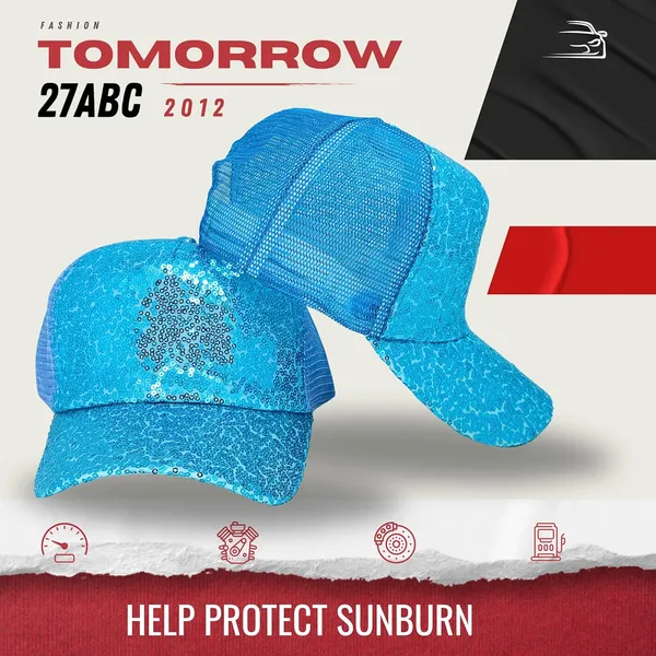 Blue_Trendy_Glitter_Decorative_Mesh_Adjustable_Baseball_Cap_For_Girls