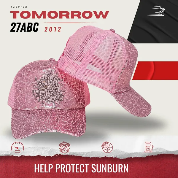 Pink_Trendy_Glitter_Decorative_Mesh_Adjustable_Baseball_Cap_For_Girls