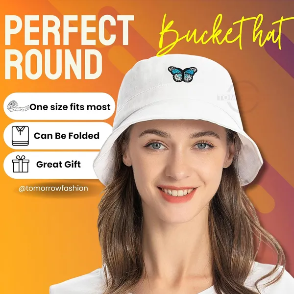 White_Butterfly_Embroidered_Bucket_Hat_For_Women_Men
