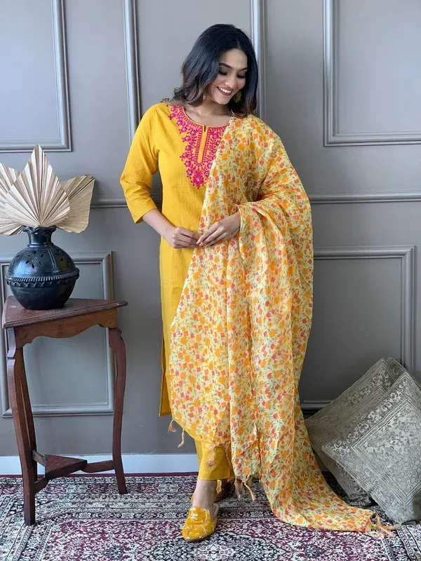 Yellow_Pure_Cotton_Katha_Kurti_Set_With_Embroidery_Work_And_Kota_Doria_Dupatta_For_Women_&_Girls