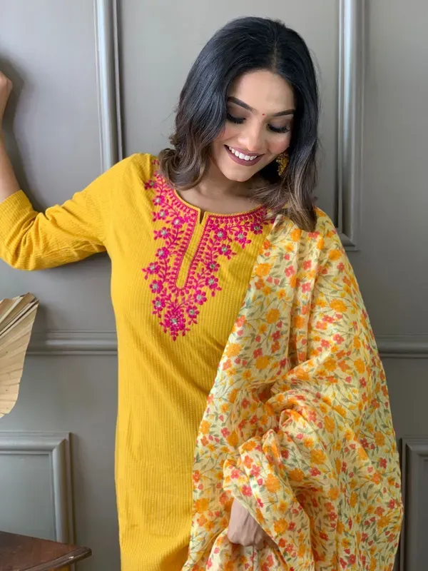 Yellow_Pure_Cotton_Katha_Kurti_Set_With_Embroidery_Work_And_Kota_Doria_Dupatta_For_Women_&_Girls