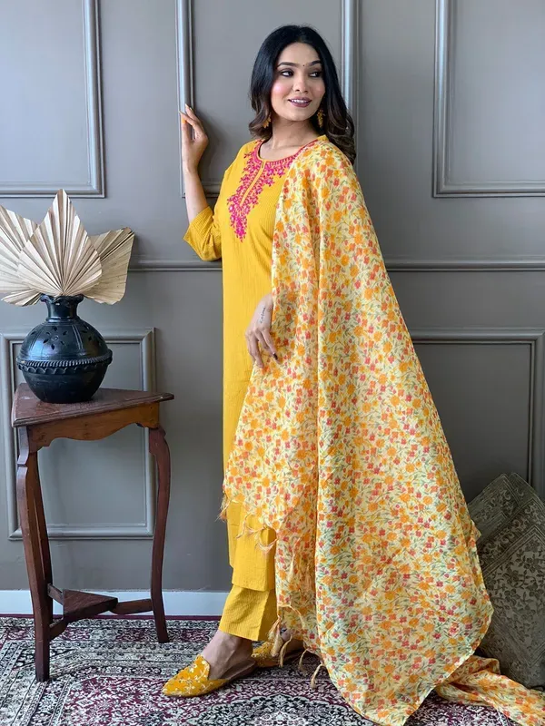 Yellow_Pure_Cotton_Katha_Kurti_Set_With_Embroidery_Work_And_Kota_Doria_Dupatta_For_Women_&_Girls