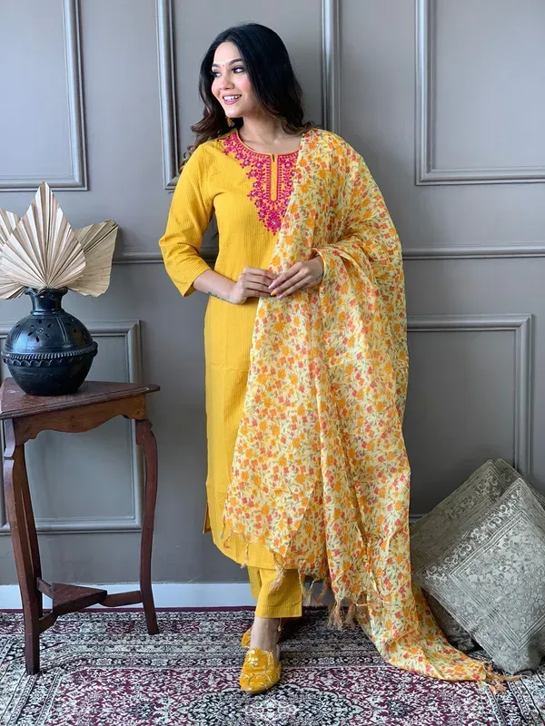 Yellow_Pure_Cotton_Katha_Kurti_Set_With_Embroidery_Work_And_Kota_Doria_Dupatta_For_Women_&_Girls