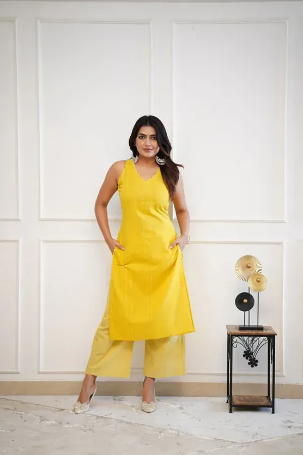 Yellow_Pure_Cotton_Katha_Work_Cut_Sleeve_Kurta_&_Palazzo_Set_For_Women_&_Girls