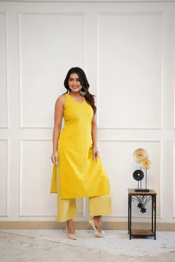 Yellow_Pure_Cotton_Katha_Work_Cut_Sleeve_Kurta_&_Palazzo_Set_For_Women_&_Girls