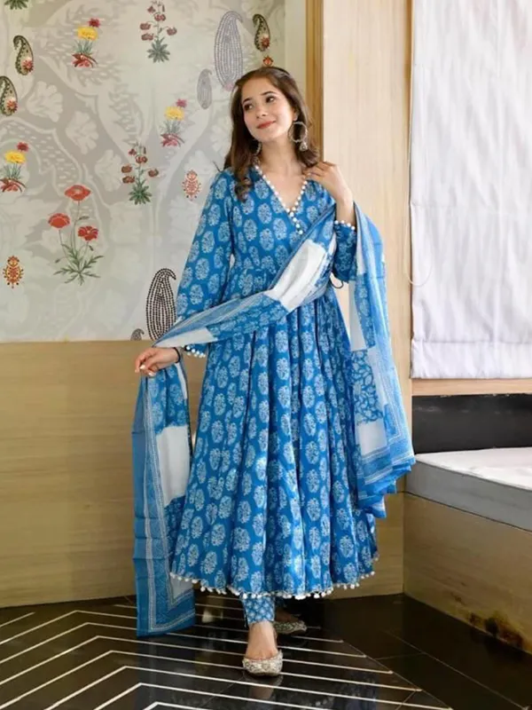 Blue_Rayon_Stylish_Anarkali_Kurti,_Pant_&_Dupatta_Set_With_Pompom_Lace_Work_For_Women_&_Girls