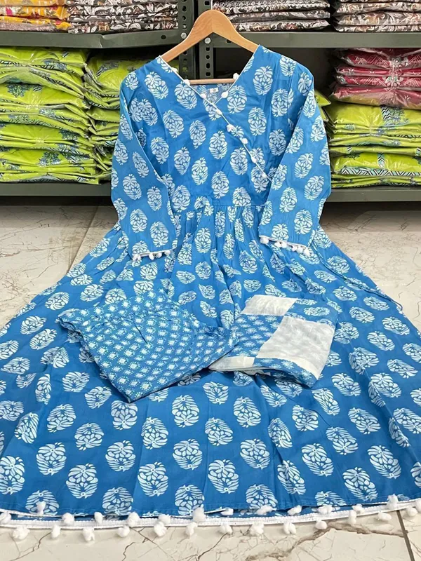 Blue_Rayon_Stylish_Anarkali_Kurti,_Pant_&_Dupatta_Set_With_Pompom_Lace_Work_For_Women_&_Girls