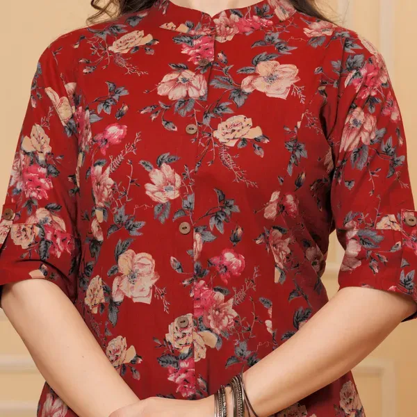 Maroon_Cotton_With_Printed_Muslin_Foil_Floral_Print_A-Line_Kurti_&_Pant_Co-Ord_Set_For_Women_&_Girls