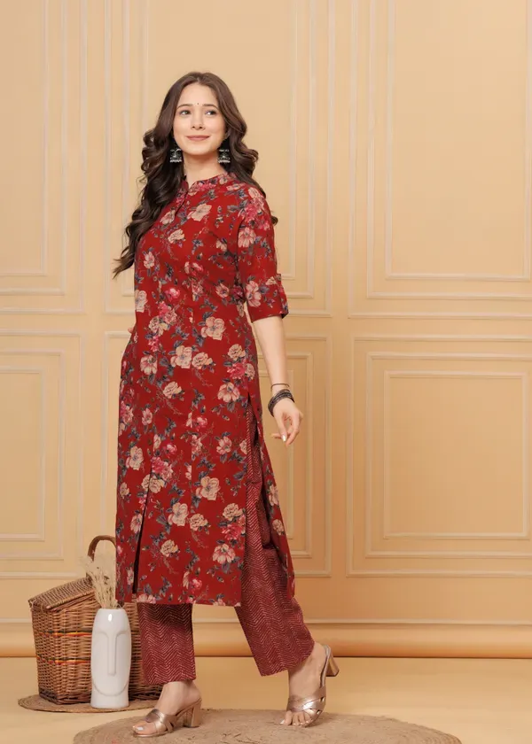 Maroon_Cotton_With_Printed_Muslin_Foil_Floral_Print_A-Line_Kurti_&_Pant_Co-Ord_Set_For_Women_&_Girls