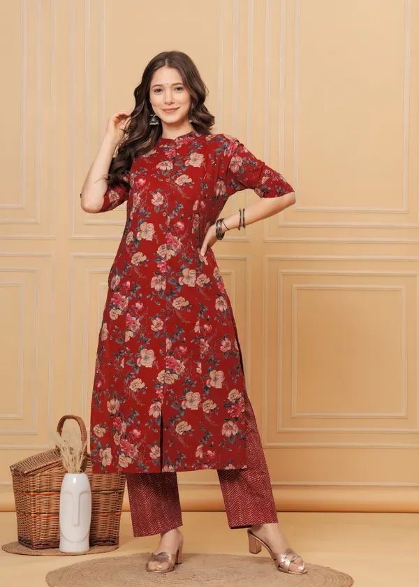 Maroon_Cotton_With_Printed_Muslin_Foil_Floral_Print_A-Line_Kurti_&_Pant_Co-Ord_Set_For_Women_&_Girls