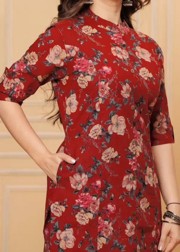 Maroon_Cotton_With_Printed_Muslin_Foil_Floral_Print_A-Line_Kurti_&_Pant_Co-Ord_Set_For_Women_&_Girls