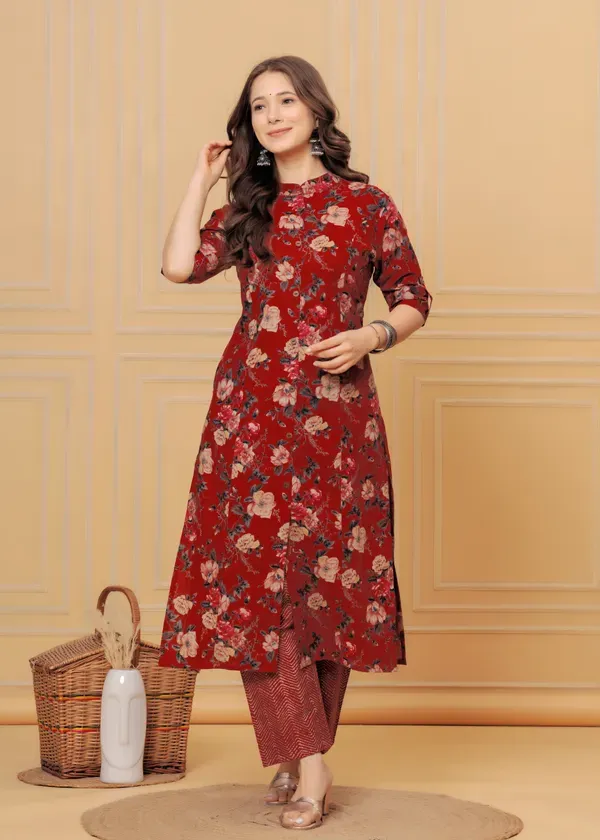 Maroon_Cotton_With_Printed_Muslin_Foil_Floral_Print_A-Line_Kurti_&_Pant_Co-Ord_Set_For_Women_&_Girls