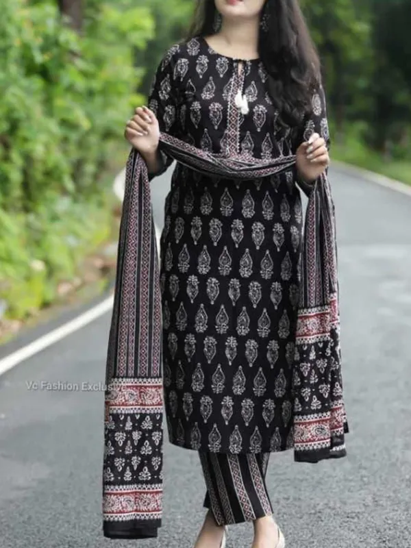 Black_Elegant_Rayon_Straight_Kurti,_Pant_&_Dupatta_Set_For_Women_&_Girls