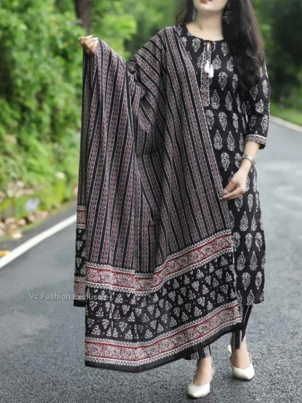 Black_Elegant_Rayon_Straight_Kurti,_Pant_&_Dupatta_Set_For_Women_&_Girls