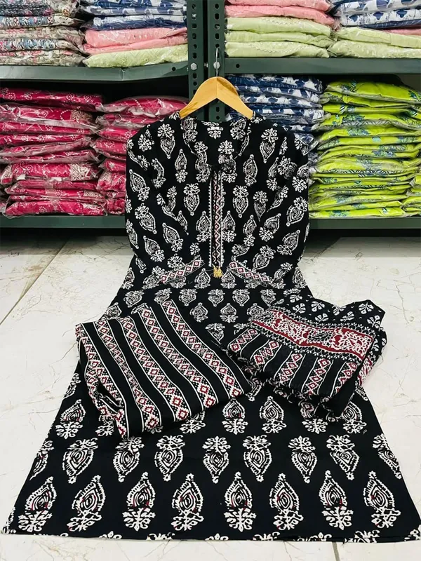 Black_Elegant_Rayon_Straight_Kurti,_Pant_&_Dupatta_Set_For_Women_&_Girls