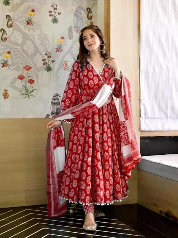 Red_Rayon_Stylish_Anarkali_Kurti,_Pant_&_Dupatta_Set_With_Pompom_Lace_Work_For_Women_&_Girls