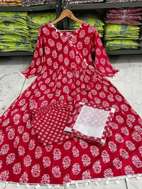 Red_Rayon_Stylish_Anarkali_Kurti,_Pant_&_Dupatta_Set_With_Pompom_Lace_Work_For_Women_&_Girls