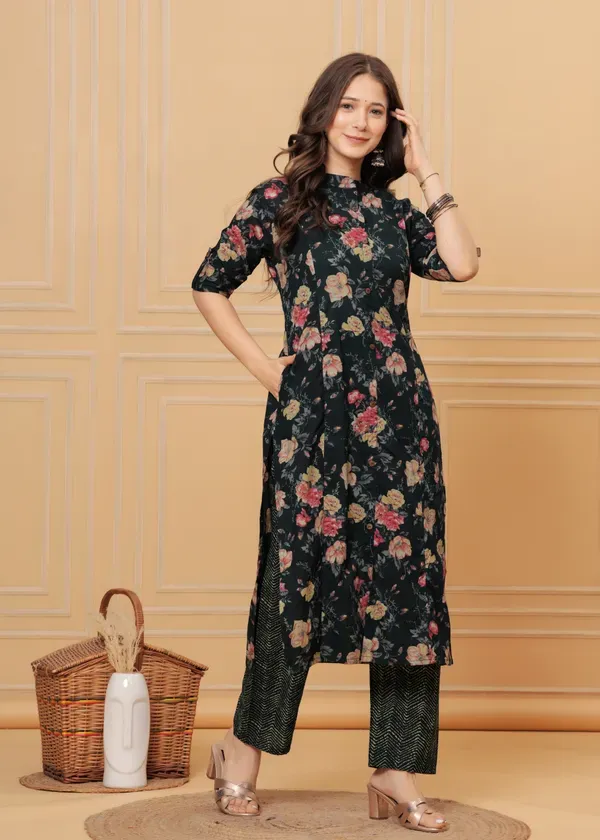 Black_Cotton_With_Printed_Muslin_Foil_Floral_Print_A-Line_Kurti_&_Pant_Co-Ord_Set_For_Women_&_Girls
