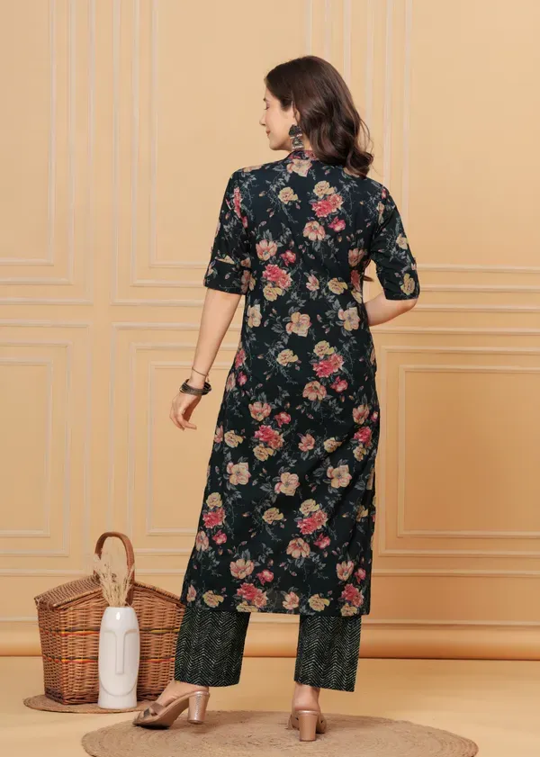 Black_Cotton_With_Printed_Muslin_Foil_Floral_Print_A-Line_Kurti_&_Pant_Co-Ord_Set_For_Women_&_Girls