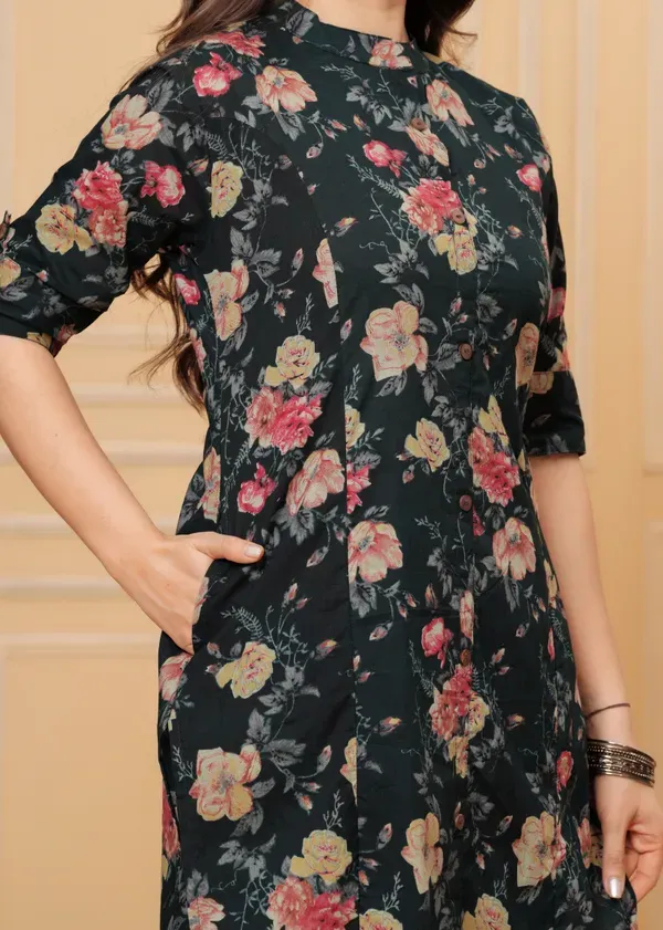 Black_Cotton_With_Printed_Muslin_Foil_Floral_Print_A-Line_Kurti_&_Pant_Co-Ord_Set_For_Women_&_Girls