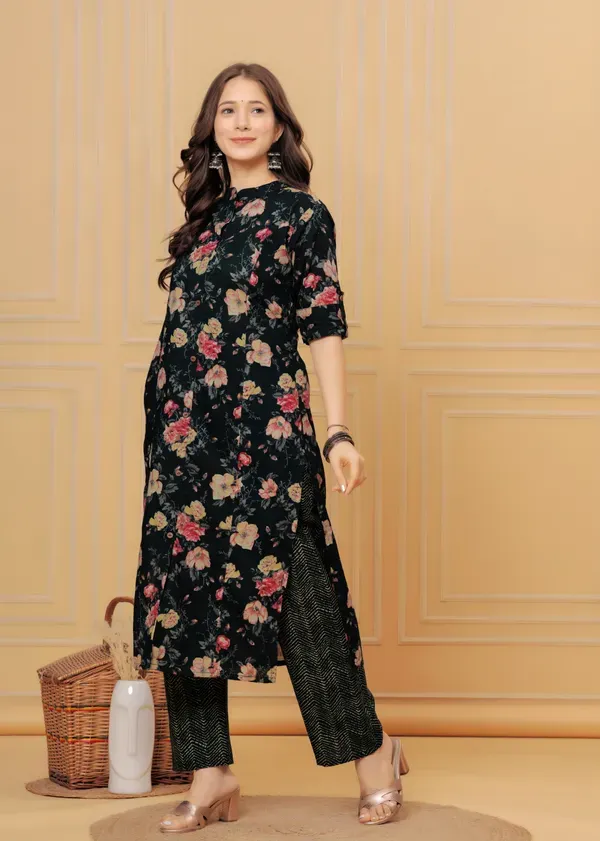 Black_Cotton_With_Printed_Muslin_Foil_Floral_Print_A-Line_Kurti_&_Pant_Co-Ord_Set_For_Women_&_Girls