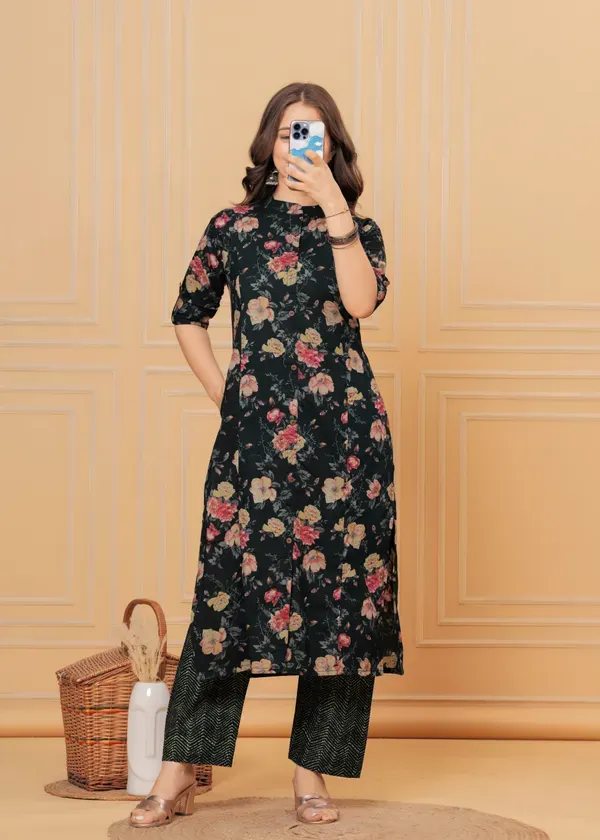 Black_Cotton_With_Printed_Muslin_Foil_Floral_Print_A-Line_Kurti_&_Pant_Co-Ord_Set_For_Women_&_Girls