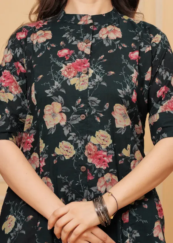 Black_Cotton_With_Printed_Muslin_Foil_Floral_Print_A-Line_Kurti_&_Pant_Co-Ord_Set_For_Women_&_Girls