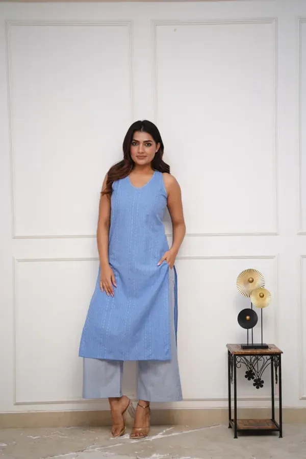 Blue_Pure_Cotton_Katha_Work_Cut_Sleeve_Kurta_&_Palazzo_Set_For_Women_&_Girls