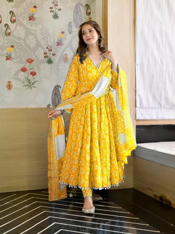 Yellow_Rayon_Stylish_Anarkali_Kurti,_Pant_&_Dupatta_Set_With_Pompom_Lace_Work_For_Women_&_Girls